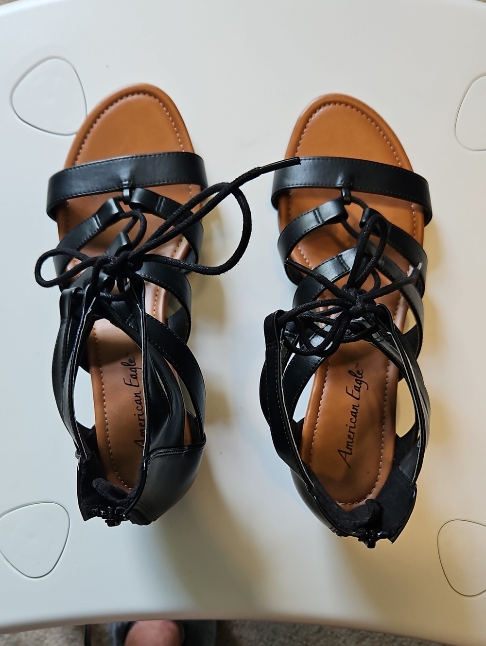 American Eagle Outfitters Black Lace-Up Strappy Sandals with Tan Footbed